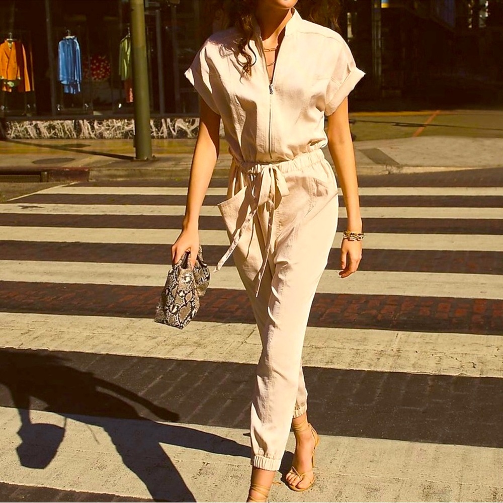 EXPRESS Beige Satin Utility Jumpsuit Overalls Size L